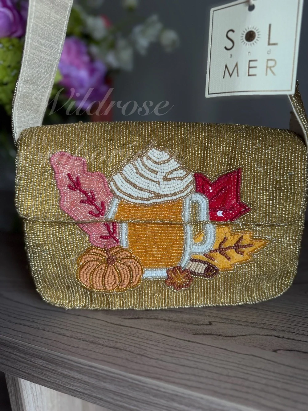TikTok Viral Sol Mer Pumpkin Spice Latte coffee fall autumn leaves Beaded Bag